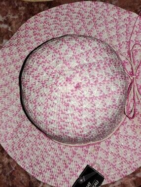 Chateau Pink and White Woven Straw Sun Hat with Bow